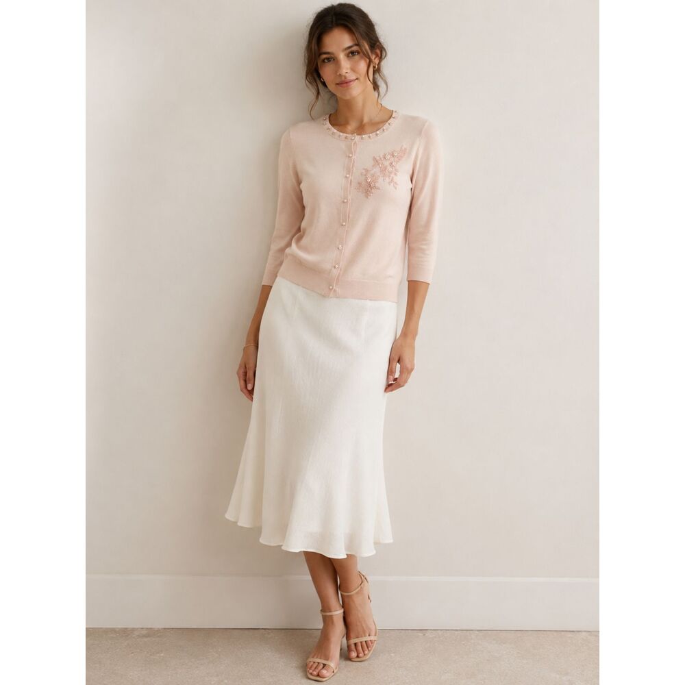 August Silk Knit Cardigan Sweater Pastel Blush Pink Beaded Silk Medium Buttons